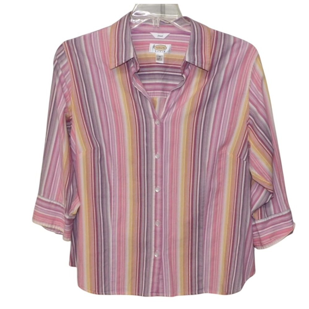 Talbots Petites Multi Color Striped 3/4 Sleeve Button Down Shirt Pink Purple 1X